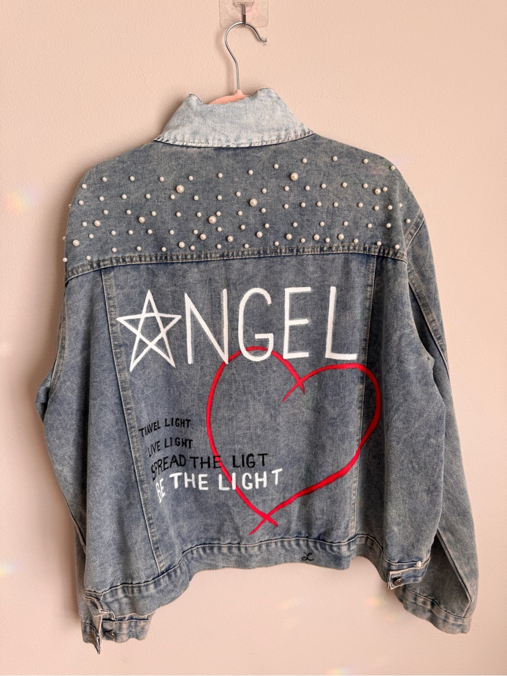 Hand Painted Angel Denim Jacket Pearl Studded Custom Artist Jacket Size M - Picture 4 of 12